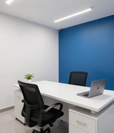 A crisp, professional photograph of a contemporary consultation office in Mumbai, featuring clean lines, white and royal blue walls, and a welcoming, trustworthy atmosphere.