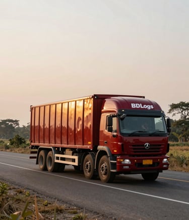 A professional wide-angle photograph of a BDLogs cargo transport truck driving along a scenic highway through the South Asian / Bangladeshi countryside. The truck features Deep Ripe Crimson accents. The lighting is warm golden hour, reflecting a reliable and grounded tone.