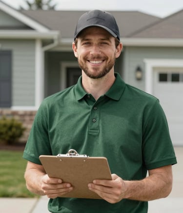 A friendly team member wearing a forest green polo shirt and a dark gray baseball cap, smiling at the camera while holding a clipboard, standing in front of a residential house in Spokane Valley, North American / US, medium shot, daylight.
