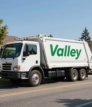 A clean, modern white junk removal truck with forest green and bright green lettering parked on a suburban street in Spokane Valley, North American / US, clear bright morning light, professional photography.