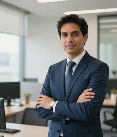 A professional South American / Brazilian consultant in a bright, modern corporate office environment with steel blue and soft off-white accents, conveying security and trust, high quality photography.