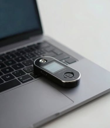 Close-up of a high-tech security token or digital interface on a laptop screen in a clean South American / Brazilian office setting, slate blue-grey and soft off-white lighting, minimal and professional composition.