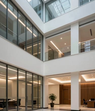 A high-end, modern architectural interior of a corporate office in Pakistan, showing clean lines, glass partitions, and a sophisticated atmosphere with steel blue and soft off-white tones.