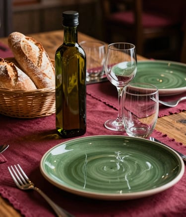 Close-up of a rustic, artisanal dinner table in a North American restaurant. Warm lighting illuminates a bottle of olive oil and a basket of crusty bread. Deep ripe crimson accents in the table linens and matte forest green ceramic plates.