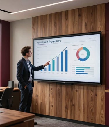 A modern, sophisticated office in the US where a professional strategist is reviewing social media engagement metrics on a large screen. The atmosphere is professional and creative, with warm wood textures, crisp parchment walls, and deep ripe crimson office accents.