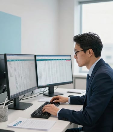 Photography of a modern, bright office in North American / US, where a professional in business attire reviews pharmacy data on a dual-monitor setup. The lighting is natural and sophisticated, with subtle accents of navy blue and pale blue in the clean, minimalist decor.