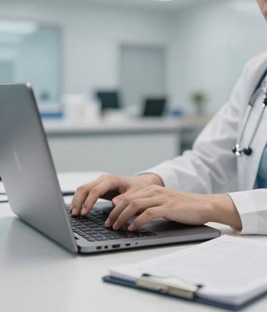 A close-up photograph of a professional workspace in North American / US. A pair of hands is typing on a sleek laptop next to a notepad on a clean white desk. The background shows a blurred, high-end medical or corporate facility with a soft gray-white and light blue color palette, emphasizing a clean and clinical aesthetic.