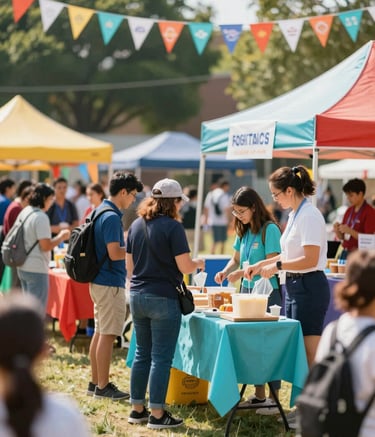 A cheerful outdoor school fundraising carnival with colorful booths. Parents and teachers are working together at a bake sale table. The scene is bright and sunny, featuring subtle hints of #5F9EA0 and #A2D9CE in the decorations and school banners. Professional yet warm atmosphere.