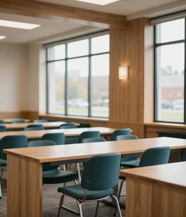 A focused and bright interior of a modern North American community center with warm wood accents and large windows. The scene is captured in soft, natural daylight, featuring a clean and professional workspace with deep teal and sandy beige decorative elements, evoking a sense of calm and purpose.