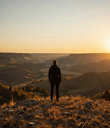 A striking photography of a person standing on a hill overlooking a North American valley at sunrise. The lighting is warm and golden, with a clean and vast composition that evokes a profound sense of empowerment and finding one's inner fire.