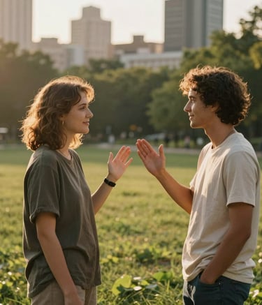 An inspiring photography shot of two people in a North American urban park during the golden hour. The composition is clean and focused on their encouraging interaction, with a backdrop of soft greens and golden ochre sunlight, emphasizing a sense of hope and connection.