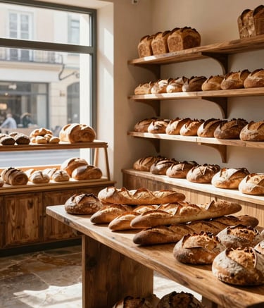A cozy, warm interior of an artisanal bakery branch. Soft sunlight filters through large windows, illuminating rustic wooden shelves filled with golden-brown loaves of bread. The floor is made of aged stone, and the walls are a Clotted Cream color. A large wooden table in the foreground holds a variety of crusty baguettes and rustic boules.