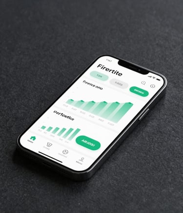 A high-end smartphone lying on a dark, textured surface, displaying a clean and sophisticated mobile application interface with data charts. The atmosphere is professional and innovative, using a lighting palette of #507D8C and #1A202C.