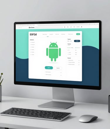 A sleek, modern designer's desk with a large monitor showing a creative Android app wireframe. The aesthetic is minimalist and forward-thinking, featuring cool tones and accents of #E0F2F7 and #2F4858 in a professional studio setting.