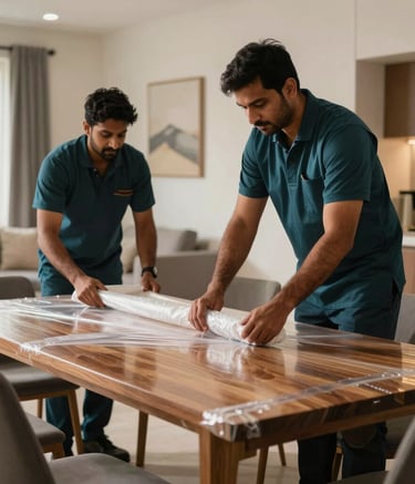 Professional South Asian movers in dark teal uniforms carefully wrapping a premium wooden dining table with protective bubble wrap inside a bright, modern Indian apartment, warm natural lighting, high-quality focus.