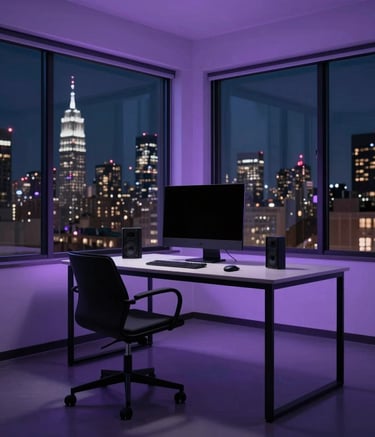 A minimalist digital studio workspace at night, large windows overlooking a city skyline, black furniture, subtle purple ambient lighting, North American / International.