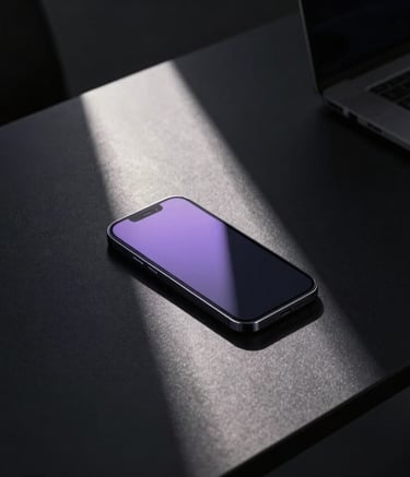 A high-angle shot of a minimalist black desk with a sleek smartphone and a single light purple beam of light cutting through the shadows, sophisticated atmosphere, modern North American / International office setting.