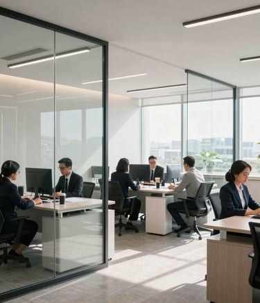 Professional and minimalist corporate office in Indonesia with sleek glass partitions and automotive branding, Southeast Asian / Indonesian staff in smart attire working in a high-end environment, bright and clean daylighting.
