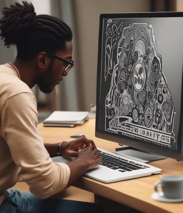 Close-up of a designer sketching bold logo concepts with red and gold accents.