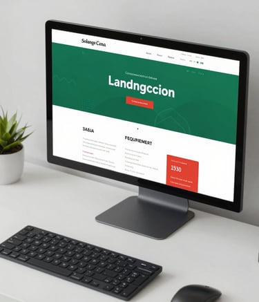 A close-up, high-angle shot of a minimalist and modern home office desk. On a sleek monitor, a vibrant and responsive landing page for a business is displayed. The lighting is bright and professional. Accents of #3A8D7B green and #D06A4E red appear in the website UI elements and office stationery, reflecting Solange Cena's dynamic brand.