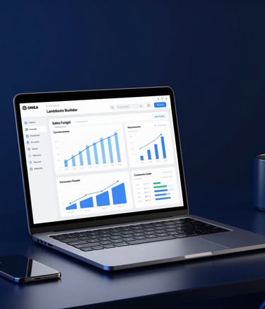 A silver laptop displaying a business analytics dashboard with sales funnel growth charts and data metrics.
