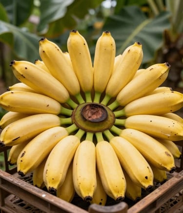 A close-up photograph of a bountiful crate of ripe, bright yellow native bananas in a sunny South American orchard, with lush green leaves in the soft-focus background.