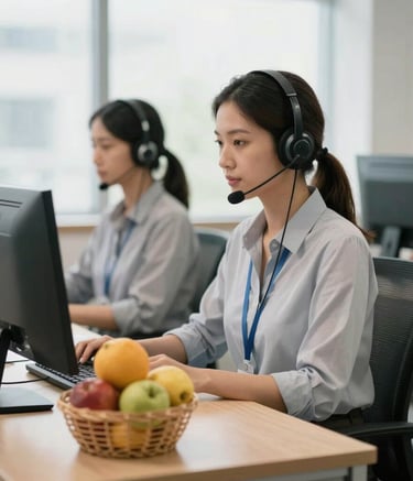 A professional and modern call center environment in South America with bright natural lighting, showing an operator with a headset and a desk featuring a small basket of fresh fruit, conveying reliability.