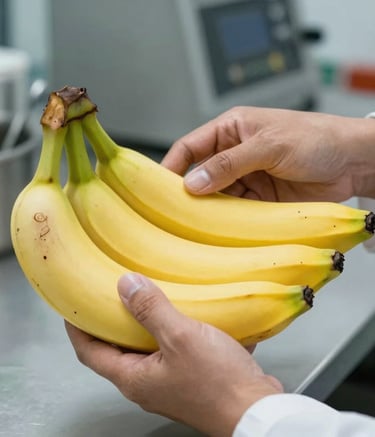 Detailed photography of a quality control expert's hands in a professional Brazilian facility inspecting a bunch of high-quality yellow bananas, focusing on the texture and freshness under clean, natural lighting.