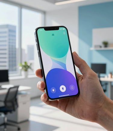 A developer in a professional, sunlit office in a global international city, focusing on a high-end smartphone. The device shows a modern and vibrant user interface. The background features light blue and white modern office decor, conveying a user-centric and innovative approach.