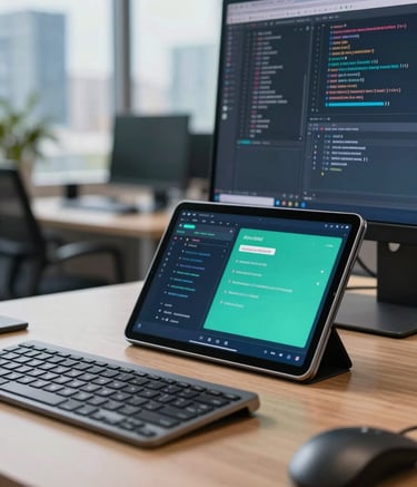 Close-up photography of a professional workstation in a bright, modern office in a global international city. A sleek Android tablet rests on the desk next to a coding keyboard, with the screen displaying a complex app architecture in shades of blue and green. Professional and innovative atmosphere.