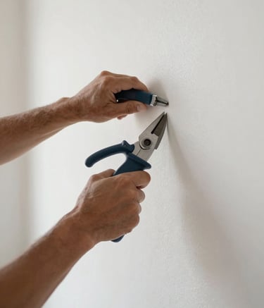 A close-up shot of professional interior finishing work in progress. A craftsman's hands are visible using tools on a smooth, cloud white wall. The lighting is bright and natural, reflecting a clean, organized workspace with subtle charcoal navy accents in the equipment.