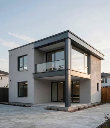 A wide-angle exterior photograph of a modern, minimalist individual house under construction. The structure features clean lines with steel grey framing against a bright sky. The site is tidy, reflecting the company's commitment to professionalism and order.