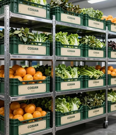 A sharp, professional photograph of a modern cold-storage facility. Stainless steel shelves are organized with uniform crates of fresh citrus and leafy greens. The lighting is cool and industrial, emphasizing hygiene and the sharp professionalism of international trade logistics. Hints of dark forest green and soft cream appear in the packaging labels.