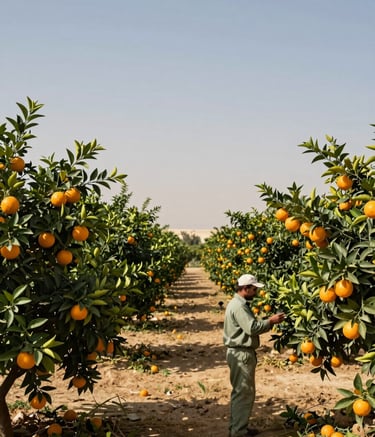 A high-quality landscape photo of a sun-drenched citrus grove in Egypt. Rows of vibrant orange trees stretch toward a clear blue horizon. In the foreground, a professional worker in a sage green uniform is inspecting fruit. The style is natural yet authoritative, featuring deep forest green foliage and soft cream sunlight.