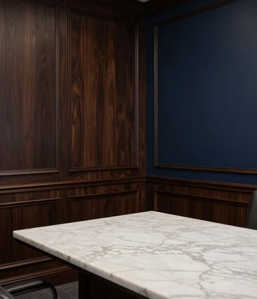 A sophisticated law office interior with dark wood paneling and deep navy walls, a single spotlight illuminating a bone white marble table, elegant and minimalist composition conveying authority.