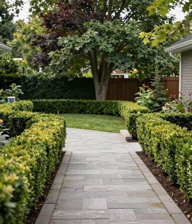 A wide shot of a professionally maintained Canadian front yard with trimmed hedges and a clean stone pathway, deep green trees in the background, bright daylight.