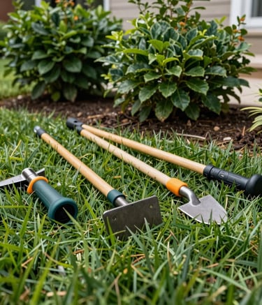 A close-up of professional landscaping tools sitting on a clean, manicured lawn in a North American backyard, bright natural lighting, leaf green grass and deep green foliage.