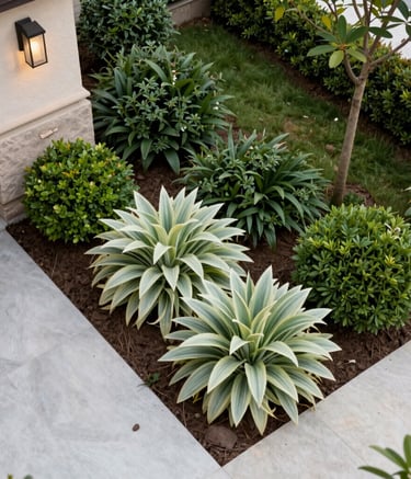 A top-down view of a professional landscaping design featuring pale green plants and deep green shrubbery around a clean residential structure.