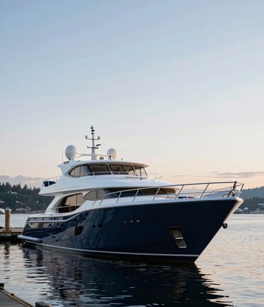 A high-end luxury yacht docked in a serene North American harbor in Washington State. The hull is a deep navy blue, reflecting the soft light of a light blue morning sky. The composition is clean and professional, emphasizing reliability and sophisticated marine life.