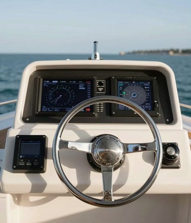 A close-up photograph of a modern yacht navigation station with a chrome steering wheel and advanced displays. The background shows a calm North American coastal horizon. The lighting is crisp and clear, conveying professionalism and technological expertise.