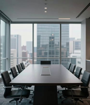 An interior view of a sophisticated conference room in a high-rise building. A long dark navy table is surrounded by minimalist chairs with floor-to-ceiling windows showing a blurred cityscape. The mood is serious and innovative, representative of a North American / International Business environment.