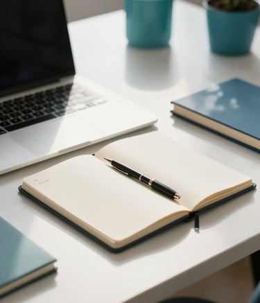 A close-up photograph of a professional workspace in a North American setting. A modern laptop and a neat notebook sit on a clean white desk, surrounded by subtle teal and indigo office accessories. Soft, natural morning light creates a calm, productive atmosphere.