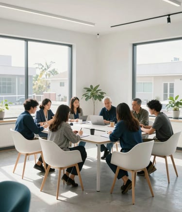 A wide-angle shot of a modern, sunlit workshop room in North America. The room has large windows, minimalist white furniture, and soft indigo and teal accents. A group of professional-looking adults are gathered around a table engaged in a collaborative learning activity. The atmosphere is premium and focused.
