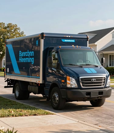 A modern, well-maintained removal truck in dark charcoal blue parked in a clean Oklahoma City neighborhood. The truck features professional branding in sky blue. The composition is a sharp three-quarters view under a bright afternoon sun.