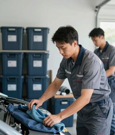 A professional team member wearing a slate grey-blue uniform systematically clearing a cluttered residential garage. The lighting is bright and clear, showcasing a clean and streamlined process. In the background, a mist white wall contrasts with the dark charcoal blue of organized containers.