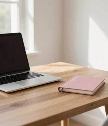A bright, airy home office featuring a clean wooden desk, a slim laptop, and a soft dusty pink notebook. The background consists of soft off-white walls and natural light streaming from a window, creating a calm, organized atmosphere.