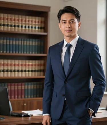A professional legal consultant in a well-tailored navy blue suit standing in a sunlit office in a South American capital. The background features a blurred bookshelf of legal volumes. High-end architectural photography style.