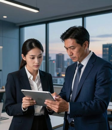 Two legal partners in professional attire discussing a case over a digital tablet in a modern office with steel blue and deep blue accents. A window shows a South American city skyline at twilight. Cinematic lighting.