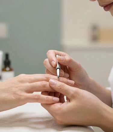 A close-up of a professional manicure session in a tranquil, modern salon. The lighting is soft and warm. The background features subtle accents of #B4C4C3 (sage grey) and #F5F9F8 (off-white). The image conveys professional care and a relaxing atmosphere.