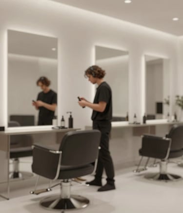 A sophisticated and modern salon interior featuring minimalist decor. The color palette includes #2F3E3D and #F5F9F8. A professional stylist is seen working in the background, out of focus, creating a sense of activity within a peaceful setting.